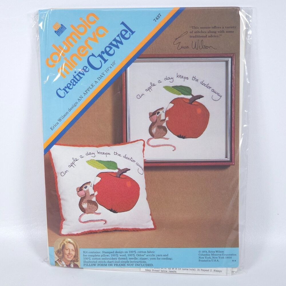 1974 Erica Wilson Crewel Pillow Kit Columbia Minerva‎ Mouse Apple 7437 Complete
